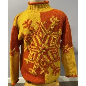 Vintage 80's Express Women Sweater S Wool Color Block Orange Yellow Snowflake